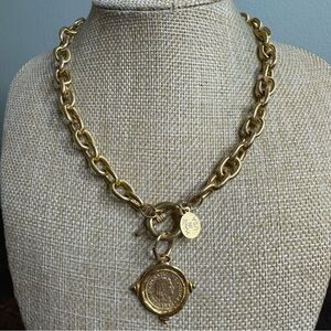 Susan Shaw Intaglio Coin Necklace with Toggle 24K Triple Gold Plated 17 Inch